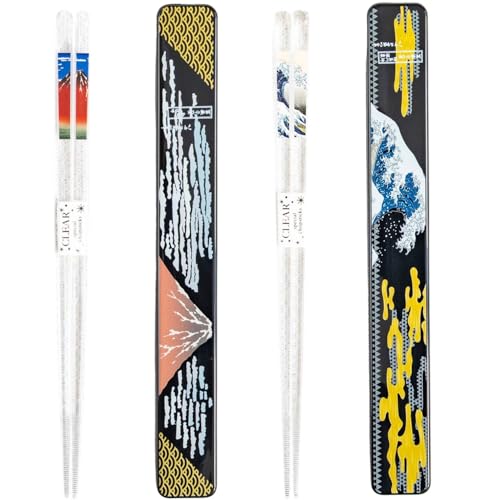 AOBA Handcrafted Authentic Japanese Chopsticks with Case, Set of 2 pairs [Made in Japan/ Dishwasher-safe]: Hokusai Ukiyo-e Thirty-six Views of Mount Fuji, Clear Acrylic, Reusable, 9.1 inch (23cm)