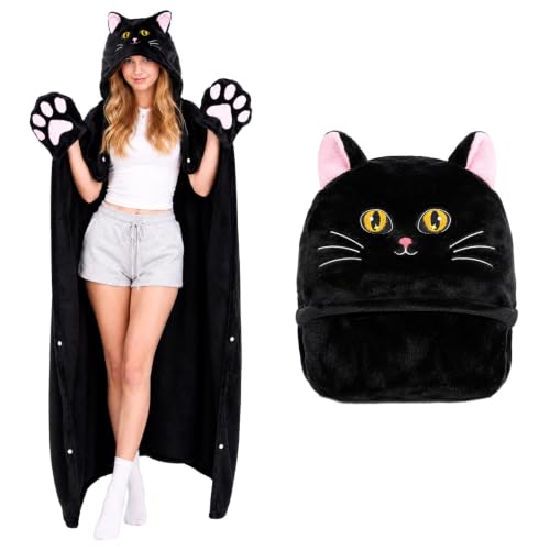 Emwwat Wearable Blanket Hoodie with Sleves, Black Cat Oversized Warm Flannel Blanket with Sleves Hoodie Gift for Mom, Girtfriend, Wife, Friend, Sister-Perfect for Christmas
