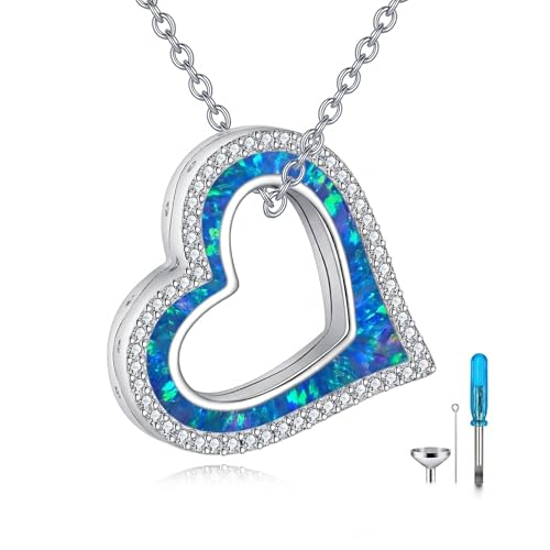 Heart Opal Urn Necklace for Ashes 925 Sterling Silver Heart Cremation Pendant Memorial Jewelry Gifts for Women Mom Sister Friend Blue