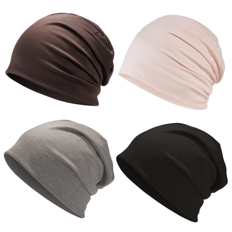 Pack of 4 Women's Chemo Hats, Beanie Chemo Headwear for Women, Soft Hats for Hair Loss and Chemotherapy, Daily Headwear in Black, Beige, Khaki and Brown