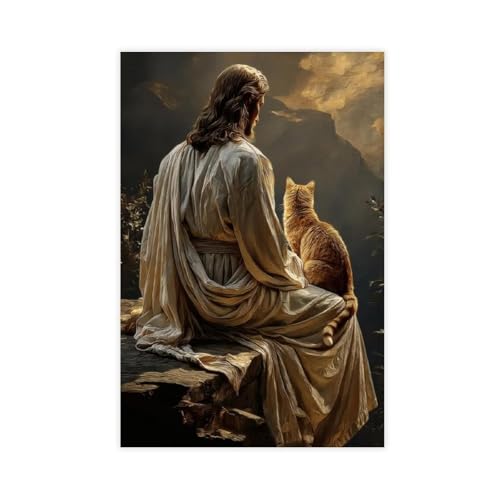 Jesus and Cat Wall Art Poster Unframed Christian Religious Home Decor Spiritual Painting for Cat Lovers Bedroom Living Room 12x18Inch 12"L x 18"W