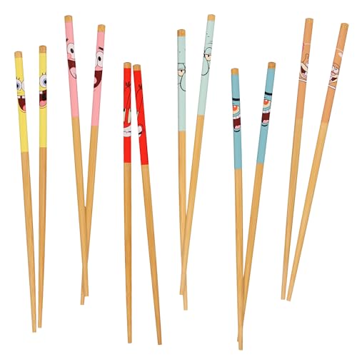 Nickelodeon SpongeBob SquarePants reusable chopsticks set with six Bikini Bottom character designs, 9.5 inches long, by Surreal Entertainment.