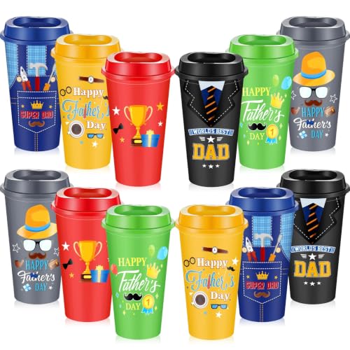 Chuangdi 12 Pcs Fathers Day Dad Gifts Coffee Mugs Bulk Set, 16 oz Reusable Plastic Tumblers with Lids, Happy Fathers Day Party Supplies, Husband Dad Gifts from Daughter Son Wife, 6 Designs 2 Each Retro
