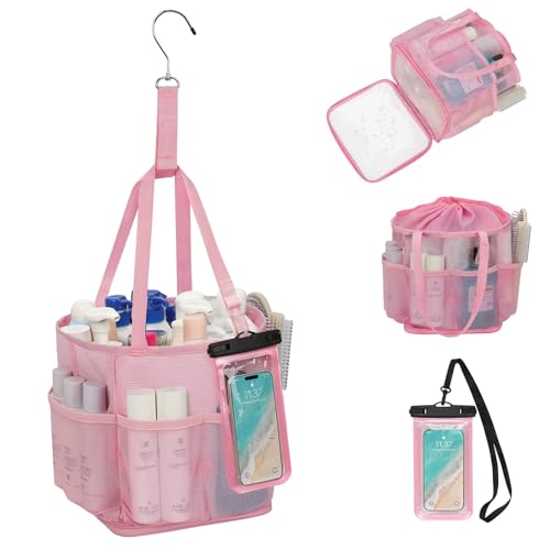 Mesh Shower Caddy Portable for College Dorm Room Essentials, Hanging Shower Caddy with Waterproof Phone Pouch, Large Capacity Shower Bag Basket Tote for Bathroom, Gym, Camping, Swimming, Beach, Pink 04-Pink with Phone Pouch