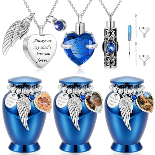 6 Pcs Urn Necklaces for Ashes Cremation Jewelry Keepsake Urns Memorial Mini Cremation Urn for Women Men Aluminum Decorative Funeral Urns with Heart Photo Frame (6Pcs-Blue) 6pcs-blue
