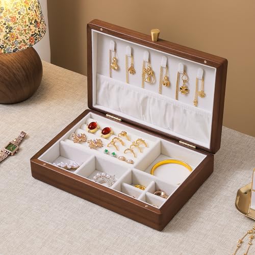 Black Walnut Wooden Jewelry Box, Velvet Lined Necklace Organizer for Women 1 Layer