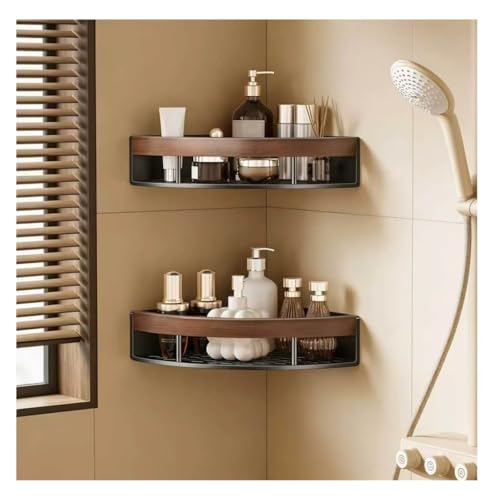 2-Pack Corner Shower Caddy with Walnut Wooden Shelf, Wall Mounted Bathroom Organizer, Matte Black Aluminum Alloy Storage Rack for Toilet, Dorm and Kitchen