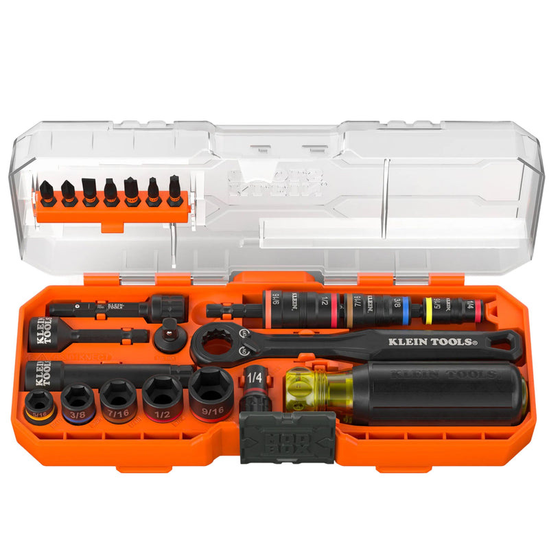 Klein Tools 65301KNECT Impact Socket Set, KNECT (S) 23-Piece SAE Pass-Through and Flip Socket Tool Set, Impact Driver Adapter, MODbox Tool Organization 23-Piece Set