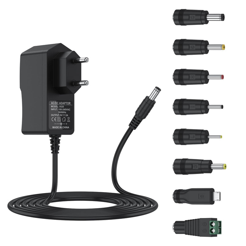 Mugust AC Adapter 5V 2A Power Supply, AC220V 230V to DC5V 500mA 1000mA 1500mA Power Driver 5.5mm with 8 DC Plug Adapters Converter Inverter Charger Transformer AC/DC Adapter (5V2A) 5V2A