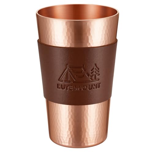 13.5 oz Copper Cups - Hammered Ayurvedic Pure Copper Drinking Cups with Heat-Resistant Leather Sleeves - Promote Detoxification and Maintain Health, Suitable for Yoga, Meditation or Camping. (1) 1