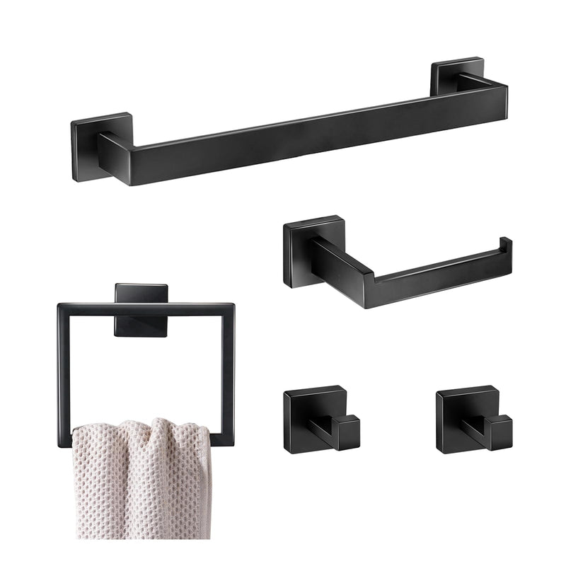 5 Pieces Bathroom Hardware Accessories Set 16 Inch Wall Mounted Towel Bar Set Matte Black Towel Rack Rings Stainless Steel Toilet Paper Holder Bath Coat Hooks 5 Pcs - 16 Inch
