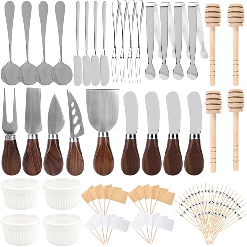 107 Pcs Charcuterie Board Set with Ceramic Bowls Cheese Knives with Walnut Handles Stainless Steel Charcuterie Board Utensils Silver Serving Set for Wedding Party Appetizers