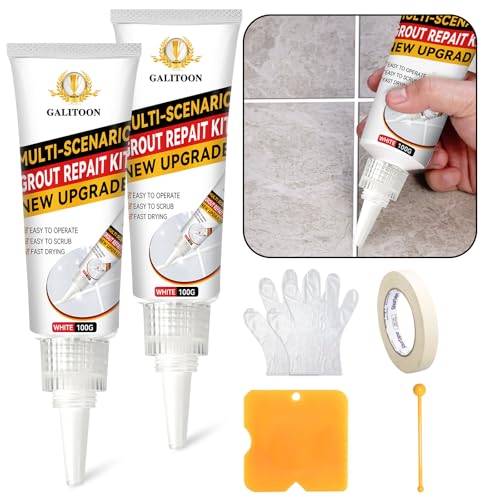 Galitoon tile grout repair kit with white grout filler for bathroom, shower, kitchen, and floor tile joints