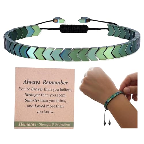 Hematite Bracelet for Men & Women - Arrow Shaped Natural Healing Stone Bracelet for Grounding, Focus & Positive Energy, (8.3"-11.3") Adjustable Stretch Cord Design & Comes with a Message Gift Card