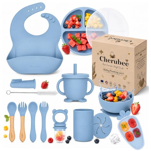 Baby Feeding Essentials Silicone Baby Feeding Set 15-Pcs | Suction Plate with Lid, Bowl, Adjustable Bib, Sippy Cup, Snack Cup, Spoon, Fork, Pacifier, Brush & Ice Tray | CE & CPC Certified Gray Blue