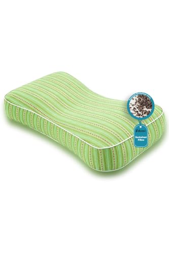 Edomi buckwheat pillow with green cotton cover, adjustable firmness for pain relief and deep sleep support.