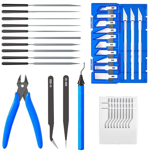 3D Printing Deburring Set Deburring Tool Hand Deburring Tools Files Hand Deburring Tool Set with 11 Different Blades 5 File Set and Side Cutter Metal Handle