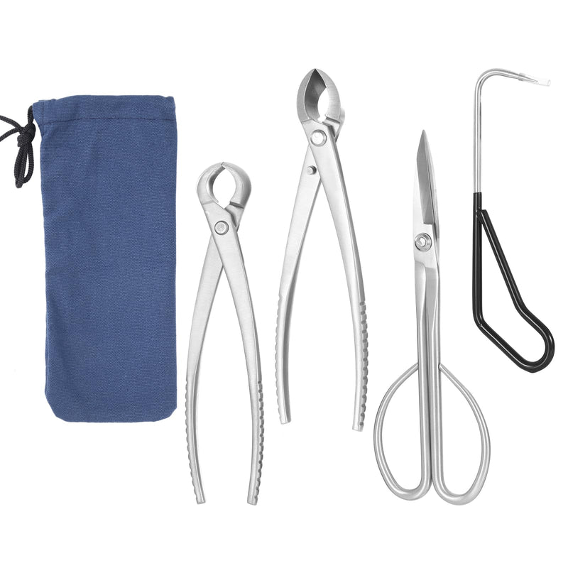 4 Piece Bonsai Tools Set, Bonsai Tree Tools, Knob Cutter, Concave Cutter, Plant Care and Root Hook, Gardening Trimming Care Kit with Storage Bag