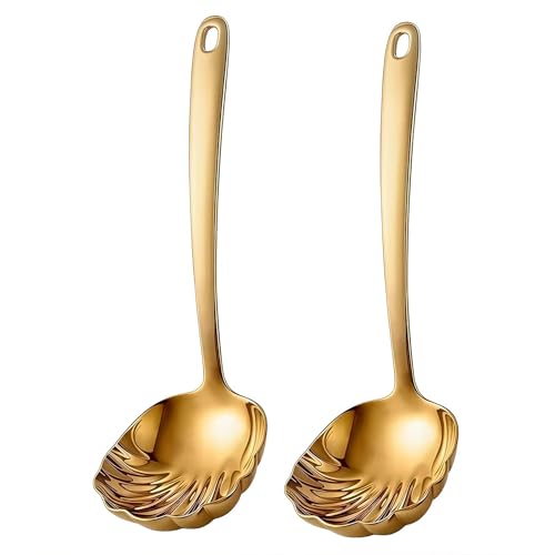 Gold Soup Ladle Set of 2, Premium 18/10 Stainless Steel Sauce Ladle with Artistic Shell-Shaped Design, 9-Inch Small Ladle for Serving Soup, Gravy and Sauce, Mirror Polished, Dishwasher Safe Serving Soup Spoon(Gold)