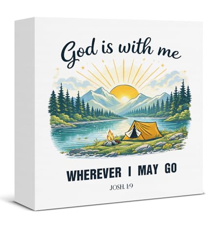 Christian Bible Verse Desk Decor, Farmhouse "God Is With Me" Josh. 1:9 Wooden Sign, Scripture Table Decor for Women Men Home Office Shelf Living Room Religious Gifts 5×5Inch Christian_01