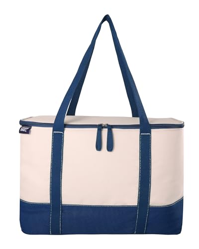 Lands' End large insulated rectangular cooler bag in navy canvas, soft lunch bag with 8-gallon capacity and insulated interior.
