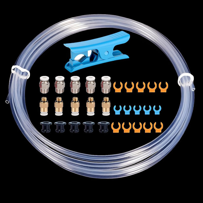 3 Meters PFA Tube Kit ID 2mm X OD 4mm,PTFE Teflon Bowden Clear Tube for 1.75mm Filament,3D Printer Transparent Tubing with 5 x PC4-M6 Connector,PC4-M10 Pneumatic Fittings,Bowden Collet. Clear-3 Meters Kit