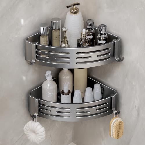 Grey 2-tier adhesive corner shower caddy by Pesnftr, aluminum bathroom storage shelf, no drilling required, ideal for organizing shower essentials.