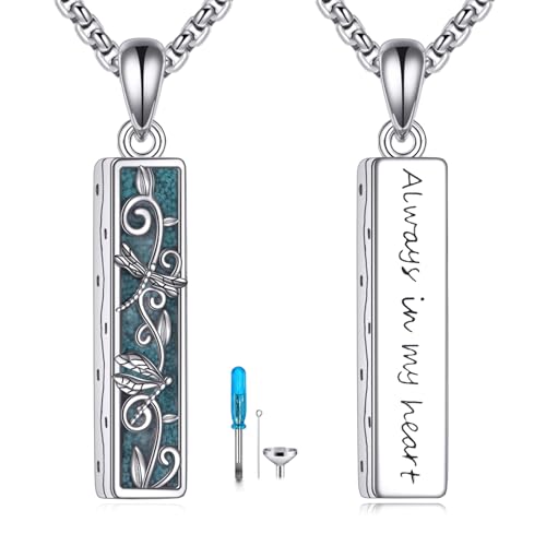 Turquoise Bar Urn Necklace 18k White Gold Plated Paw Print/Dragonfly/Tree of Life/Mountain/Cremation Pendant Necklaces For Women Female Gift Jewelry For Ashes Dragonfly