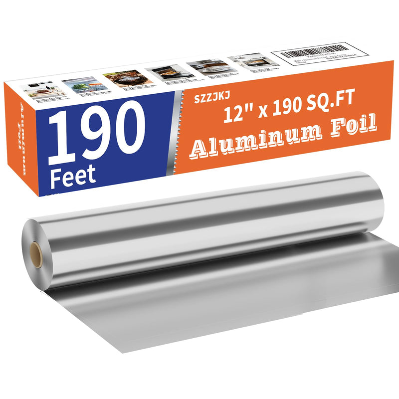 Aluminum Foil Roll, 12in x 190ft Aluminum Foil, Thick Strong Tin Foil with Cutter, Food Safe Cling Wrap for Cooking, Baking, Roasting, Grilling, Freezer Storage