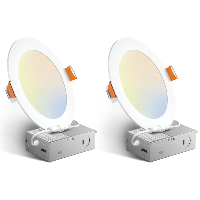 Amico 2 Pack 6 Inch 5CCT Ultra-Thin LED Recessed Ceiling Light with Junction Box, 2700K/3000K/3500K/4000K/5000K Selectable, 12W Eqv 110W 1050LM Brightness Dimmable Canless Wafer Downlight, ETL & FCC