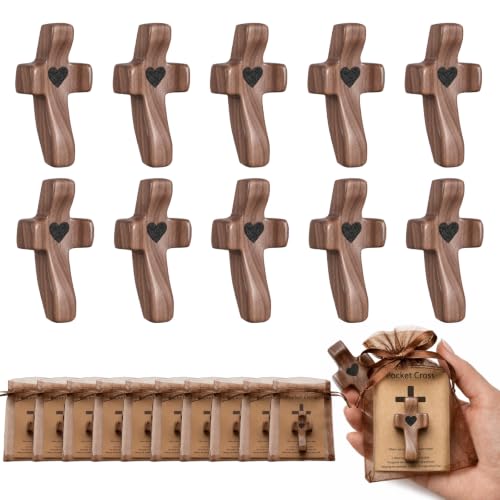 10 Set Wooden Cross Fidget Bulk with Cards Organza Bags Prayer Cross My Heart, Handheld Comfort Cross for Anxiety Relief, Small Pocket Crosses Christian Faith Gifts Baptism Favors, Religious Gifts 10 set