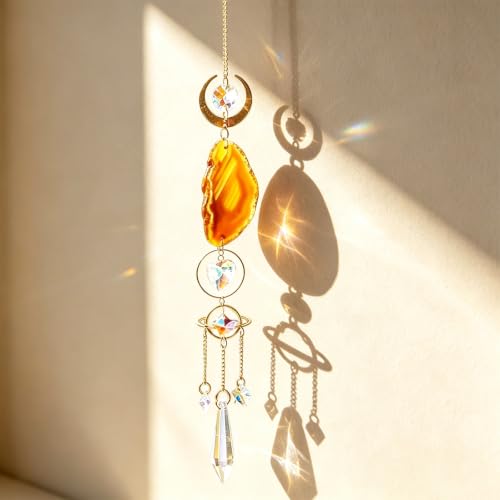 Crystal Suncatcher Hanging for Window, Tree of Life Sun Catcher with Prisms and Agate Slices, Garden Suncatchers for Home Outdoor Wedding Decor, Lemon Yellow