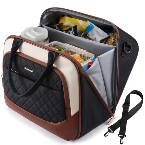 LOVEVOOK Insulated Lunch Bag for Women,Large Adult Lunch Box Cooler with Anti-Shifting Triangular Lid,Fixing Buckle for 40oz Tumbler,Wide Opening Tote Bag for Work Picnic Beach Family Nurse Teacher Black / Off White / Brown X Large-19.6L