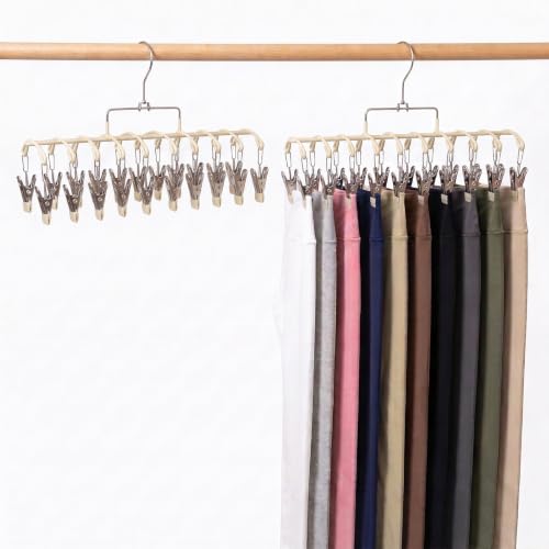 Pants Hangers with Clips, 2 Pack, 40 Clips, Space Saving Closet Organizer Warm Beige