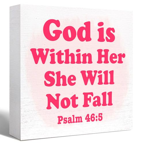 Psalm 46:5 Bible Verse Desk Decor God Is Within Her She Will Not Fall Wooden Box Sign for Pray Room,Christian Scripture,Religious Gift for Women 5x5 Inch