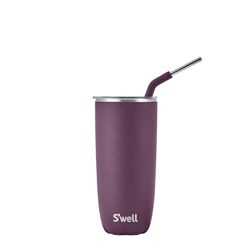 S'well Stainless Steel Tumbler with Straw and Slide-Open Lid, 24oz, Plum, Triple Layered Vacuum Insulated Container Keeps Drinks Cold for 18 Hours and Hot for 5, BPA Free