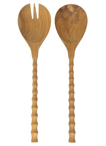 Boston International teak salad server set with ridged fork and spoon, 12.5-inch serving utensils for salads.