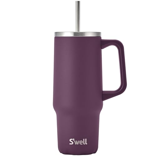 S'well Recycled Stainless Steel Tumbler XL with Straw and Handle, 30oz, Plum, Triple Layered Vacuum Insulated Container Keeps Drinks Cold 36 hours and Hot for 9, BPA Free