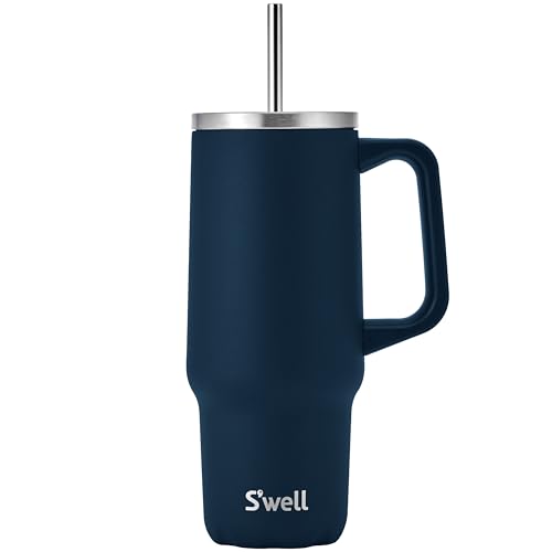 S'well Recycled Stainless Steel Tumbler XL with Straw and Handle, 30oz, Azurite, Triple Layered Vacuum Insulated Container Keeps Drinks Cold 36 hours and Hot for 9, BPA Free