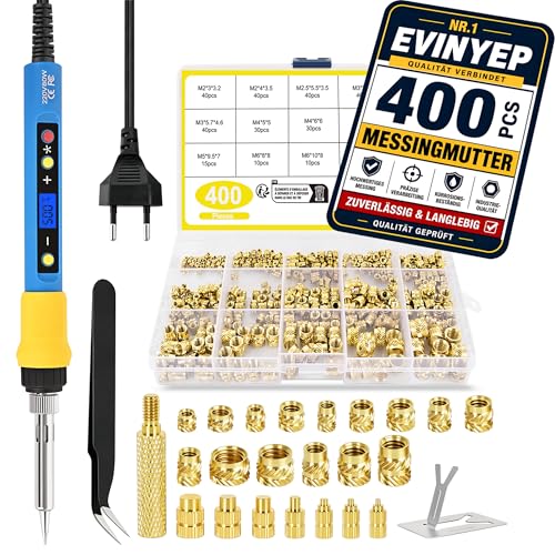 400 Pieces Threaded Inserts and Soldering Tips Set, 80W Soldering Iron with Adjustable Temperature of 180-500°C, 7 Soldering Tips, Includes 400 Thread Inserts M2/M2.5/M3/M4/M5/M6/M8 for 3D Printing