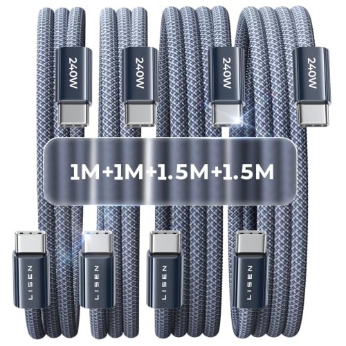 LISEN 240W USB-C Cable, PD 3.1 USB-C Charging Cable, USB-C to USB-C Cable Set | 4 Pieces/1M+1M+1.5M+1.5M | for iPhone 17 Pro Max/iPhone Air/16/15, Samsung Galaxy S26, MacBook Pro/Air, iPad Pro Midnight 1M+1M+1.5M+1.5M