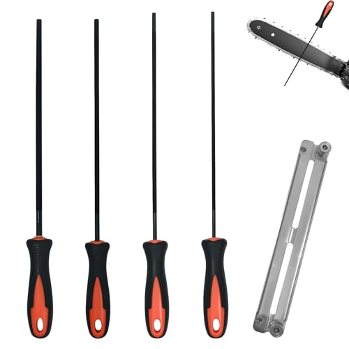 4 Pieces Chainsaw File Set - Round Metal Files with Handle and Guide, 4 Sizes (3.2mm, 4.0mm, 4.8mm, 5.5mm) Chainsaw Sharpener, Chain File for DIY and Professional | 4 Größen (3,2 mm, 4,0 mm, 4,8 mm, 5,5 mm) Feilenset Metall mit Griff und Guide Geeignet...