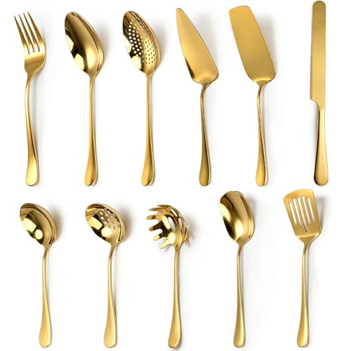 11-Piece Gold Serving Utensils Set, Stainless Steel Large Serving Spoons, Fork, Spatula, Ladle, Cake Knife & Server - Party Serving Supplies for Buffet, Weddings & Catering (Gold)