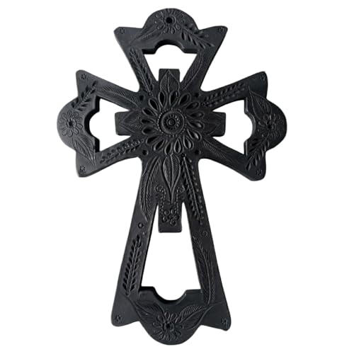 Handmade Mexican Black Clay Wall Cross – Christian Religious Decor – Rustic Artisan Cross from Oaxaca – Spiritual Home Accent – 7 x 10 Inch (Flowers) Flowers