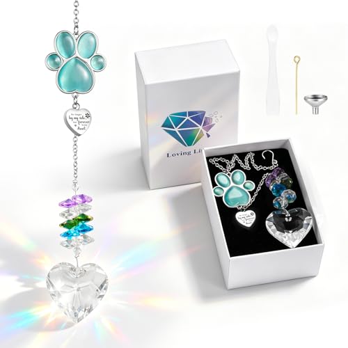 Dletay Pet Urns for Dogs Cat Ashes Crystal Suncatcher Heart Shaped Memorial Cremation Keepsake Bereavement Remembrance Paw Print Pet Loss Rainbow Bridge Paw-Sun