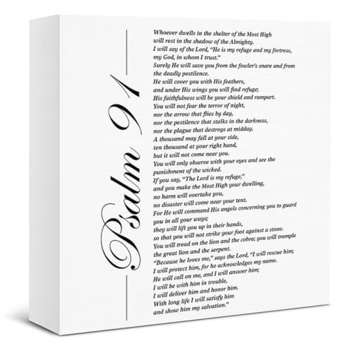 Christian Bible Verse Wooden Box Sign - Inspirational Psalm 91 Scripture Desk Decor for Home Bedroom Office Church 5x5 Inch Christian-4
