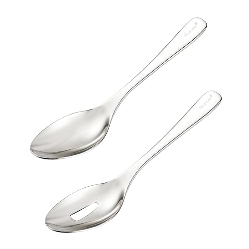 Silvery Serving Spoons Set, 2 Pieces Stainless Steel Slotted & Solid Serving Spoons, Mirror Polished Silvery Plated Serving Utensils for Buffet, Catering, Party, Wedding, Dishwasher Safe