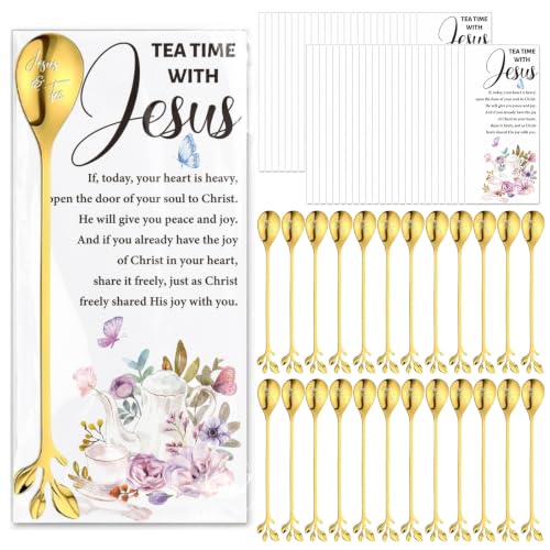 50 Sets Christian Tea Party Favors Stainless Steel Leaf Tea Spoons with Prayer Cards Clear Bags, Religious Gifts for Women Ministry Mothers Day Easter Church Christmas Birthday Family Reunion Gifts Gold 50 Jesus and Tea