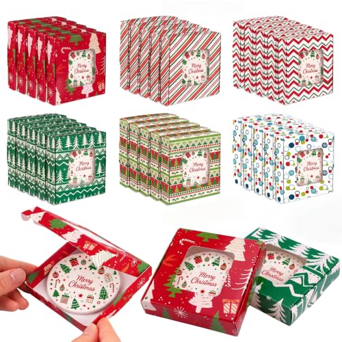 Gersoniel 30 Pcs Christmas Lime Green Red Sublimation Ornaments Gift Boxes 3.54"x3.54"x0.7" Christmas Packaging Boxes with Window Sublimation Ceramic Discs Gift Wrapping for Festivals Holidays Xmas