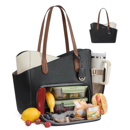 LOVEVOOK Lunch Bag for Women,2 in 1 PU Work Tote Bag with Lunch Compartment with Giant Tumbler Side Pocket, 15.6" Laptop Tote Bag with Padded Sleeve for Teacher,Nurse,College Black/Pinkish white/Dark amber 15.6 Inch